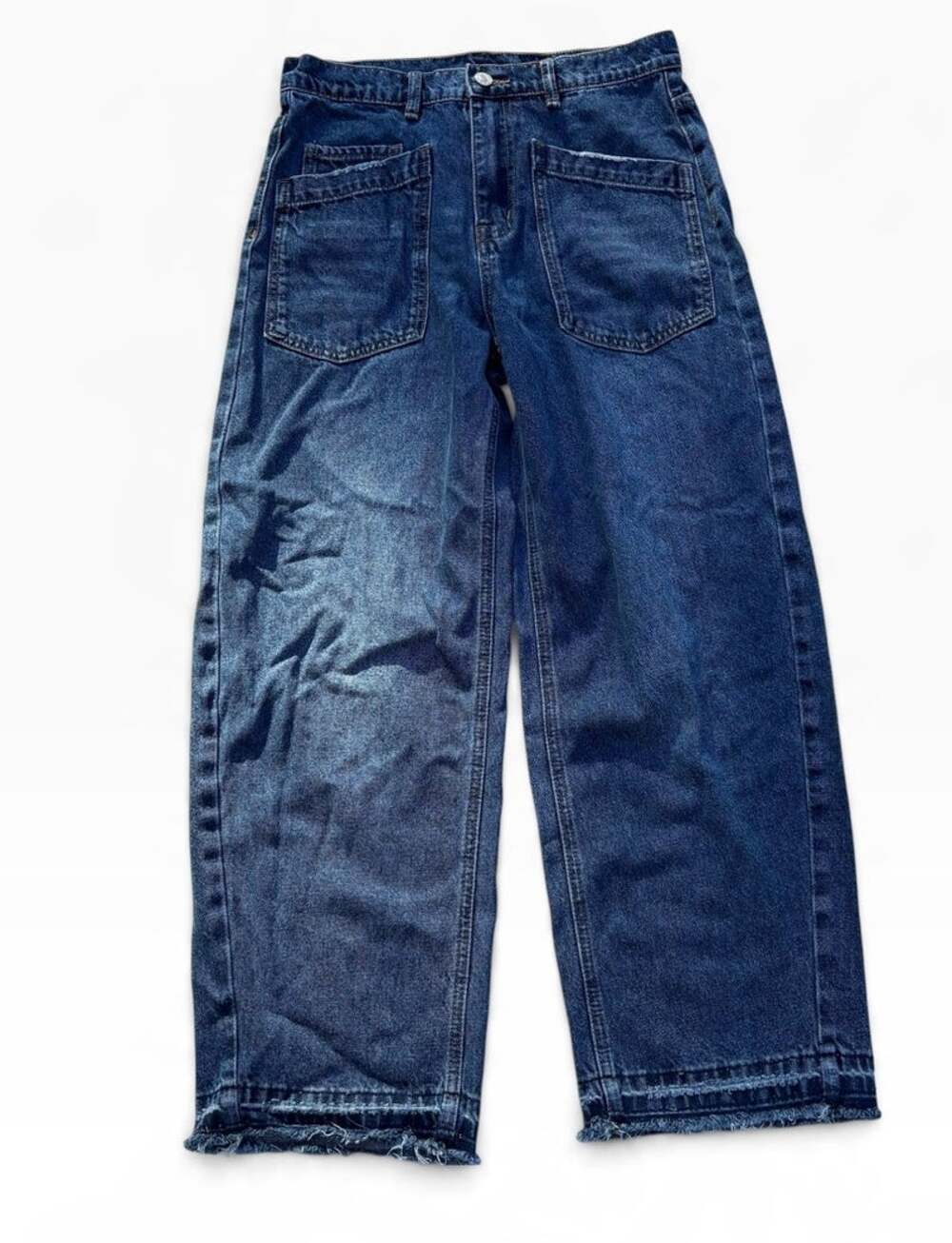Aaron & Amber Semi Barrel Jeans Women's Small High Rise Dark Wash Frayed Hem